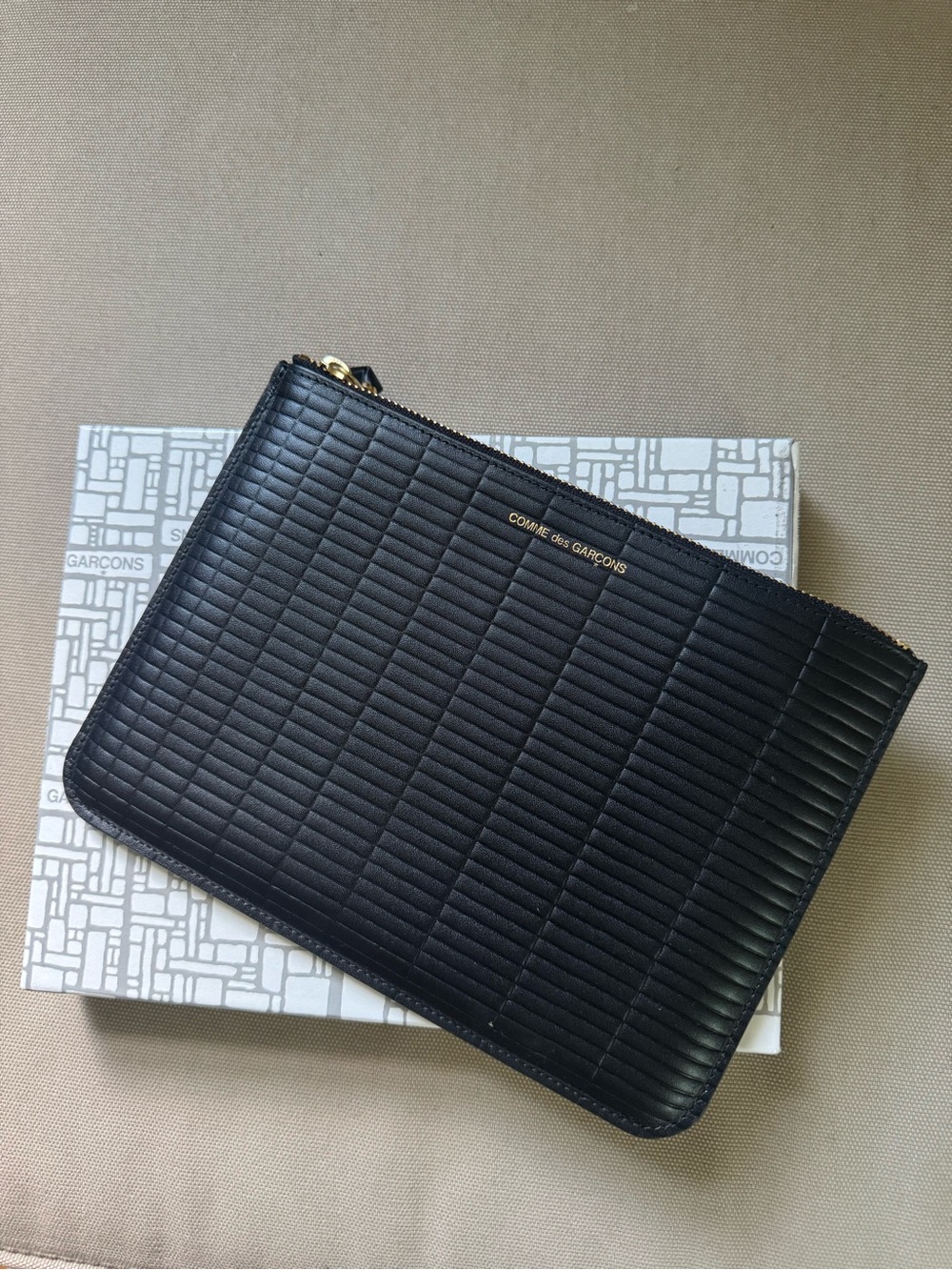 Comme des Garcons Black Quilted Leather Pouch with Gold Hardware